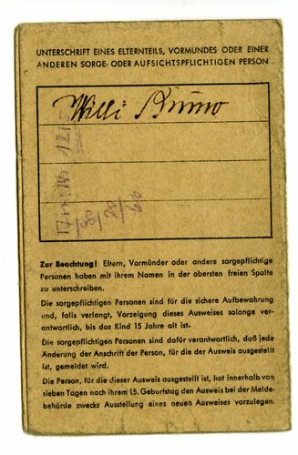 Nachkrieg, Personalausweis Britische Zone  für Personen unter 15 Jahre Köln