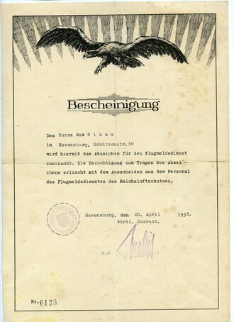 Flugmeldedienst, Bescheinigung zum Tragen des Abzeichens datiert 1935, seitlich ein wenig eingerissen