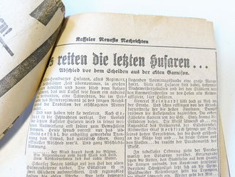 Kasseler Post Zeitung mit Titelthema "Appell der ehem. 14-er Hessen-Homburg Husaren" dazu ein Programmheft zum 5. Husaren Appell, sowie ein Gedicht und weitere Zeitungsausschnitte um das Thema Husaren in Kassel