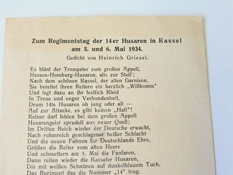 Kasseler Post Zeitung mit Titelthema "Appell der ehem. 14-er Hessen-Homburg Husaren" dazu ein Programmheft zum 5. Husaren Appell, sowie ein Gedicht und weitere Zeitungsausschnitte um das Thema Husaren in Kassel