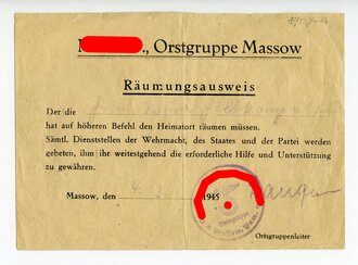 Räumungsausweis der NSDAP Ortsgruppe Massow, datiert 1945