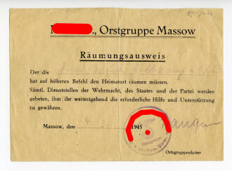 Räumungsausweis der NSDAP Ortsgruppe Massow, datiert...