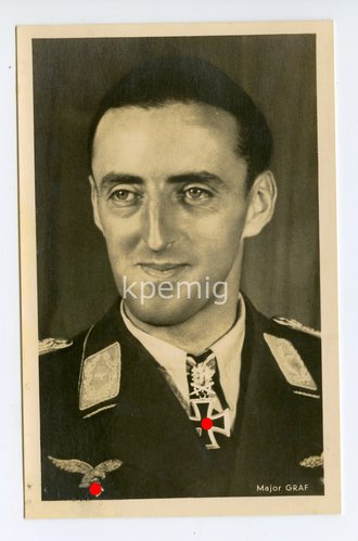 Hoffmann Fotopostkarte Ritterkreuzträger Major Graf, Rückseitig Klebereste
