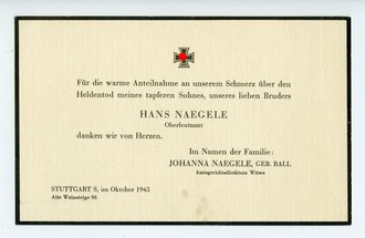 Trauerkarte für einen Oberleutnant, datiert 1943
