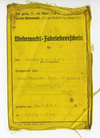 Wehrmacht-Fahrlehrerschein, Truppenteil Sch./Fl.Ausb.Regt.52 Danzig, datiert 1940, entnazifiziert