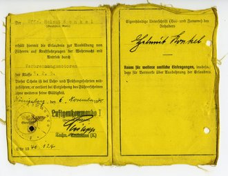 Wehrmacht-Fahrlehrerschein, Truppenteil Sch./Fl.Ausb.Regt.52 Danzig, datiert 1940, entnazifiziert