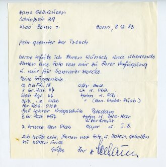 Nachkrieg, Ritterkreuzträger Hans Gelhausen, eigenhändige Unterschrift auf einem Brief /Schriftstück