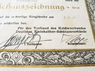 Reichsverband Deutscher Kleinkaliber Schützenverbände, Verleihungsurkunde für die Kleine Schießauszeichnung in Gold