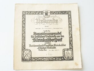 Reichsverband Deutscher Kleinkaliber Schützenverbände, Verleihungsurkunde für die Auszeichnungsnadel