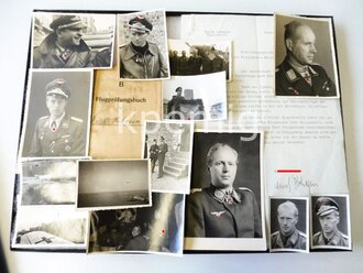 Ritterkreuzträger Major Erich Hohagen, Staffelkapitän JG51 Me 109. Persönliches Flugprüfungsbuch, Versetzungsgesuch mit eigenhändiger Unterschrift sowie diverse Originalfotos.