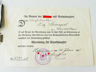 Ehrenkreuz für Frontkämpfer mit Verleihungsurkunde