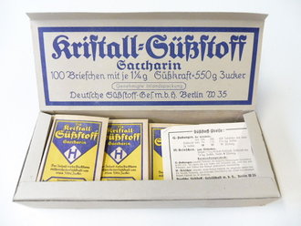 Briefchen "Kristall Süßstoff Saccarin" ungeöffnet.  Ein Stück aus der originalem Umverpackung