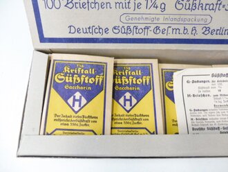 Briefchen "Kristall Süßstoff Saccarin" ungeöffnet.  Ein Stück aus der originalem Umverpackung