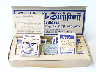 Briefchen "Kristall Süßstoff Saccarin H-Packungen" ungeöffnet. Ein Stück aus der originalem Umverpackung