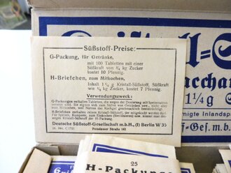 Briefchen "Kristall Süßstoff Saccarin H-Packungen" ungeöffnet. Ein Stück aus der originalem Umverpackung