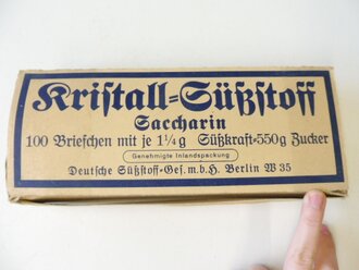 Briefchen "Kristall Süßstoff Saccarin H-Packungen" ungeöffnet. Ein Stück aus der originalem Umverpackung