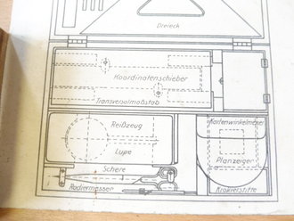 Kasten " Satz 63" Wehrmacht für Koordinatenschieber, Kartenwinkelmesser, Planzeiger usw. Originallack