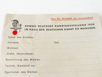 Grosse Deutsche Kunstausstellung 1939 Haus der Deutschen Kunst, Anhängezettel für Graphik, blanko