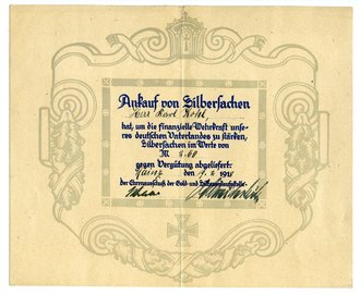 1. Weltkrieg, Urkunde zum Ankauf von Silbersachen datiert 1918