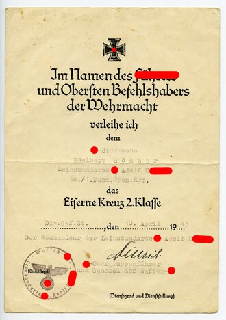 Sepp Dietrich Kommandeur Leibstandarte, eigenhändige Unterschrift auf Verleihungsurkunde zum Eisernen Kreuz 2.Klasse datiert 1943