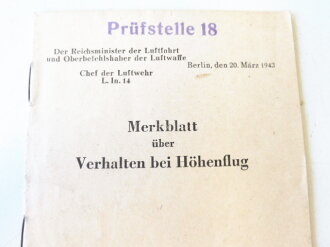 Luftwaffe, Merkblatt über Verhalten beim Höhenflug datiert 1943, kleinformat, 10 Seiten