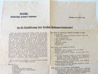 Flugblatt der Kreisleitung Balingen vom 2. April 1945  bzgl. der Vorbereitungen auf eine mögliche Räumung der gesamten Deutschen Bevölkerung