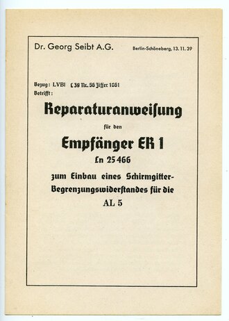 REPRODUKTION "Reparaturanweisung für den Empfänger ER 1 , Ln 25466" 4 Seiten