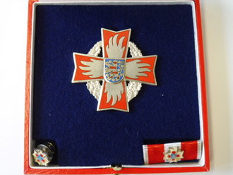 Thüringen, Silbernes Brandschutz Ehrenzeichen als Steckkreuz ( seit 1992 ), Mit Miniatur und Bandspange , Im Etui. NUR FÜR SAMMLERZWECKE