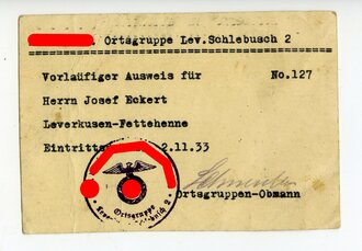 Vorläufiger Ausweis NSKOV Ortsgruppe Lev. Schlebusch 2 datiert 1933