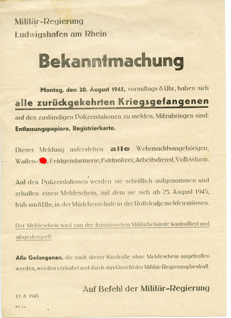 Bekanntmachung der Militär Regierung Ludwigshafen/Rhein vom 17.08.1945. DIN A4