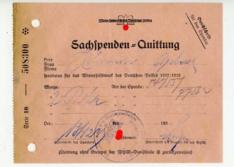 WHW Sachspenden-Quittung, datiert 1937/1938