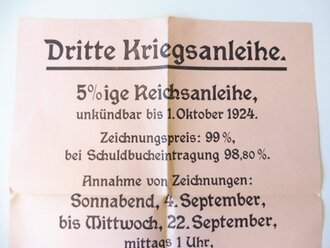 1. Weltkrieg Plakat "Dritte Kriegsanleihe", Reichsdruckerei Berlin, Maße 39cm x 45cm