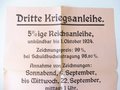 1. Weltkrieg Plakat "Dritte Kriegsanleihe", Reichsdruckerei Berlin, Maße 39cm x 45cm