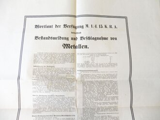 Übersicht über beschlagnahmte Metalle und ihre Behandlung, datiert 1915, Maße 66cm x 42cm