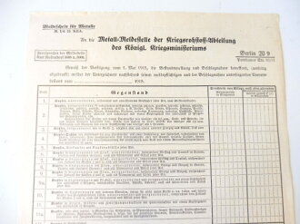 Meldeschein für Metalle, datiert 1915, Maße 33cm x 21cm