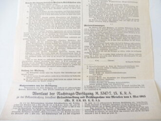 Meldeschein für Metalle, datiert 1915, Maße 33cm x 21cm