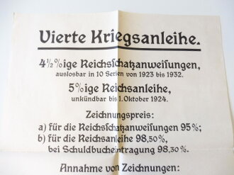 1. Weltkrieg Plakat "Vierte Kriegsanleihe", Reichsdruckerei Berlin, Maße 39cm x 45cm