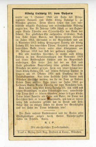 Trauerkarte zum Andenken an König Ludwig III. von Bayern, datiert 1921