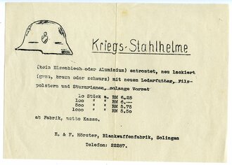 Werbeblatt "Kriegs-Stahlhelme" ab Fabrik der...