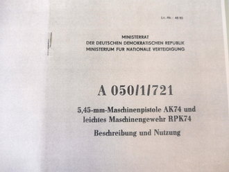 REPRODUKTION, A 050/1/721, 5,45 mm Maschinenpistole AK 74 und leichtes Maschinengewehr RPK 74, Kopie von 96 Seiten