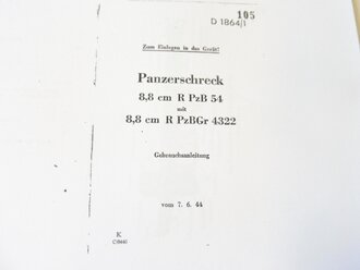 REPRODUKTION, D1864/1, Panzerschreck, 8,8 cm R PzB 54 mit 8,8 R PzBGr 4322, Gebrauchsanleitung vom 7.6.1944, Kopie von 31 Seiten