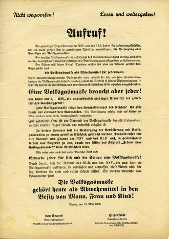 Aufruf zur Versorgung aller Deutschen mit Volksgasmasken, datiert 1938, A4