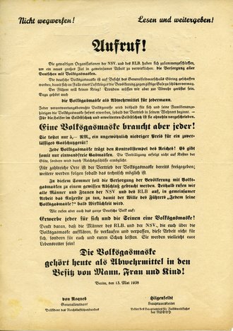 Aufruf zur Versorgung aller Deutschen mit Volksgasmasken,...