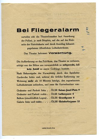 Städtische Bühnen Graz, Programm des Opernstücks Zar und Zimmermann, datiert 1943, auf der Rückseite Information über das Verhalten bei Fliegeralarm, A5