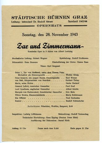 Städtische Bühnen Graz, Programm des Opernstücks Zar und Zimmermann, datiert 1943, auf der Rückseite Information über das Verhalten bei Fliegeralarm, A5