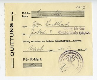 Reichsluftschutzbund, Quittung über den Erhalt von 1 RM, datiert 1934