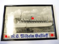 M.S. Wilhelm Gustloff, Mützenband und Foto oder Druck, Original gerahmt, Maße 20 x 29cm