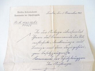 Kommando der Schutztruppen, Anschreiben bzgl. übersendung der Südwestafrika Denkmünze mit dazugehörigem Besitzzeugnis datiert 1907