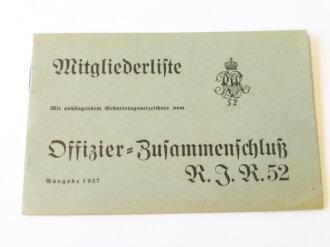 Mitgliederliste mit anhängendem Geburtstagsverzeichnis vom Offizier Zusammenschluß R.I.R. 52 Ausgabe 1937