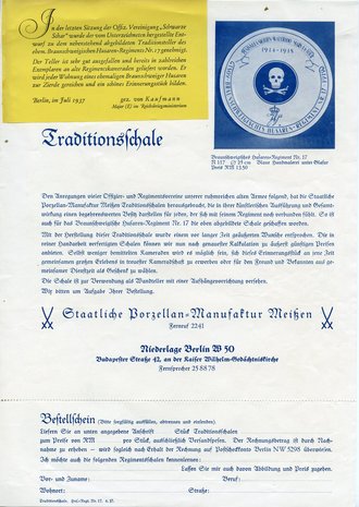 Staatliche Porzellan Manufaktur Meißen, Bestellschein für den Traditionsteller des ehem. Braunschweigischen Husaren Regiments Nr. 17